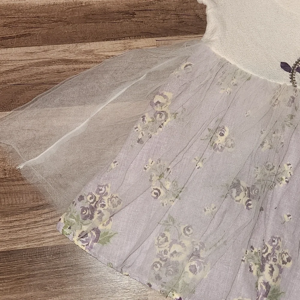 CachCach Purple & Cream Floral Print Dress w/ Tulle Skirt Size 3  Easter Spring